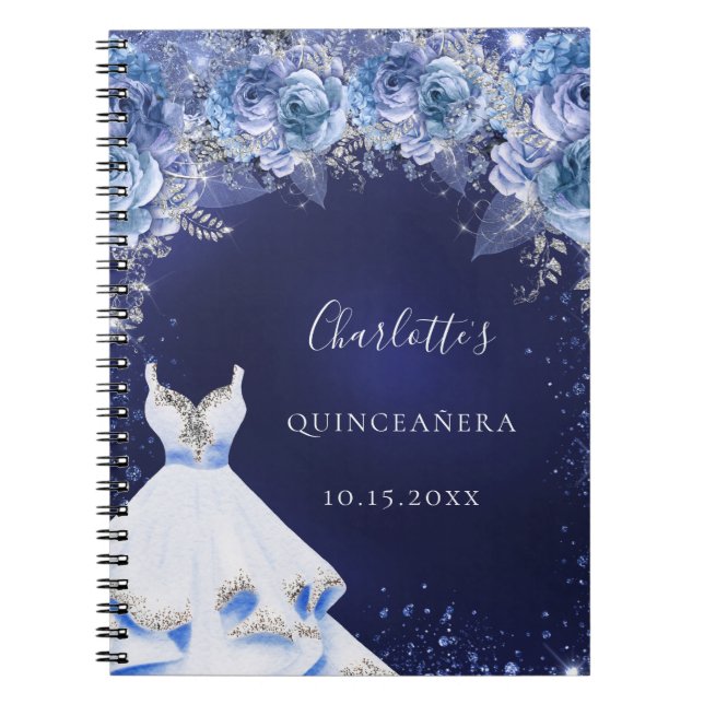 Quinceanera blue glitter dress floral guest book (Front)