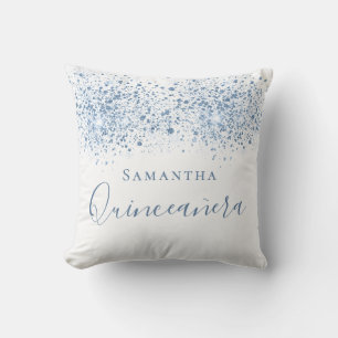 Quinceanera blue glitter drops monogram white cushion