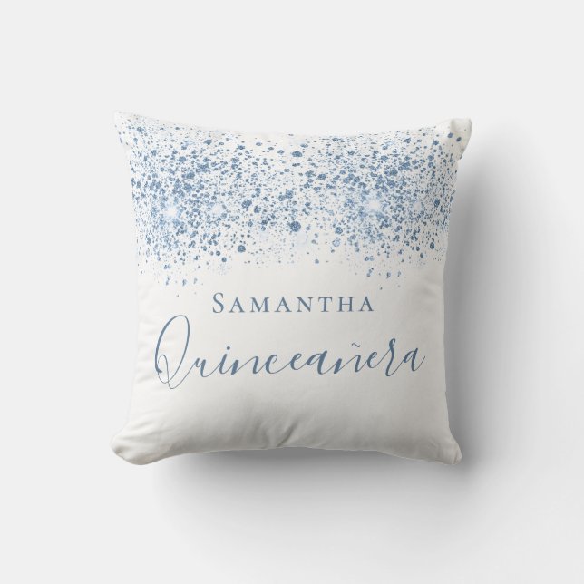 Quinceanera blue glitter drops monogram white cushion (Front)