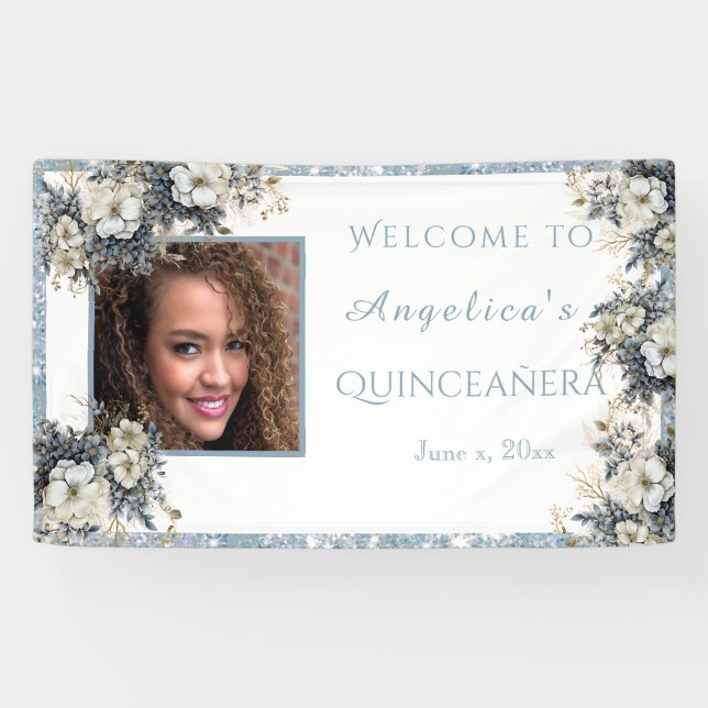Quinceanera Blue Glitter Watercolor Flowers Banner (Horizontal)