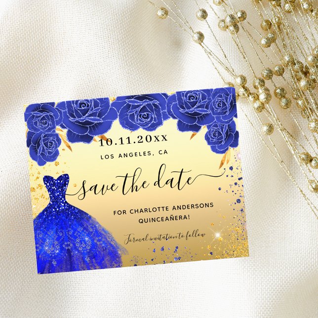 Quinceanera blue gold dress budget save the date (Creator Uploaded)