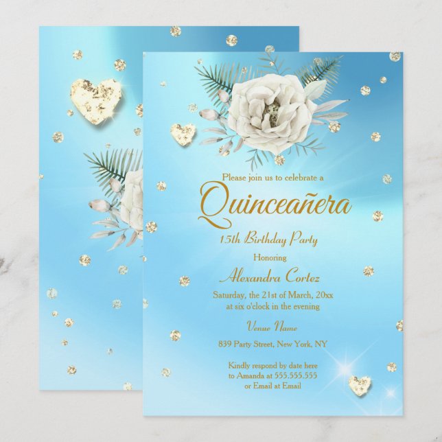 Quinceanera Blue Gold Glitter Rose Floral Invitation (Front/Back)