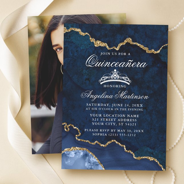 Quinceanera Blue Gold Marble Agate Geode Photo Invitation (Customize to change text size or text style.)