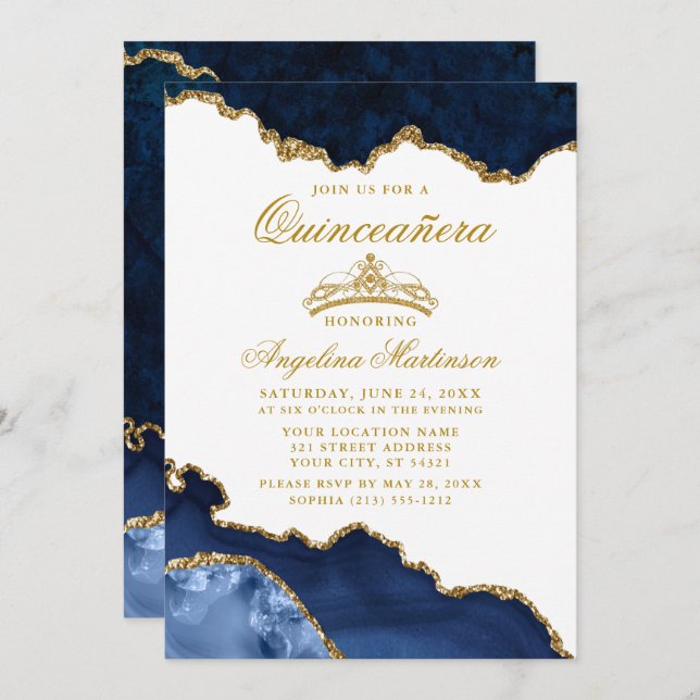 Quinceanera Blue Gold Marble Crown Invitation (Front/Back)