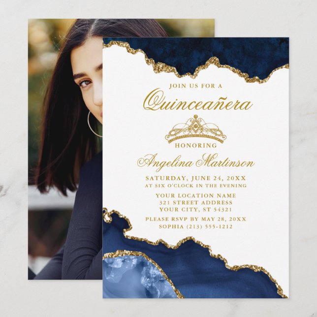 Quinceanera Blue Gold Marble Crown Photo Invitation (Front/Back)