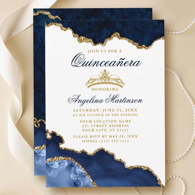 Quinceanera Blue Marble Gold Crown Invitation (Customize to change text size, text color or text style.)