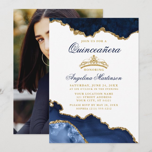 Quinceanera Blue Marble Gold Crown Photo Invitation (Front/Back)
