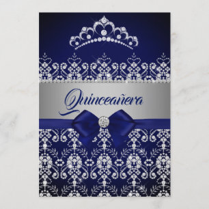 Quinceanera Blue Navy Sparkle Diamond Tiara Bow Invitation