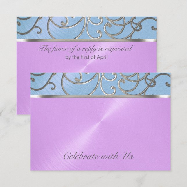 Quinceanera Blue Purple Silver Filigree Swirls Invitation (Front/Back)