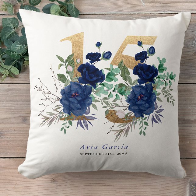 Quinceanera Blue Rose Floral Gold Number 15 Cushion (Creator Uploaded)