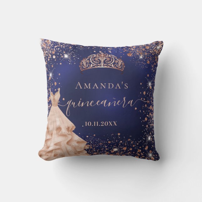 Quinceanera blue rose gold tiara dress name cushion (Front)