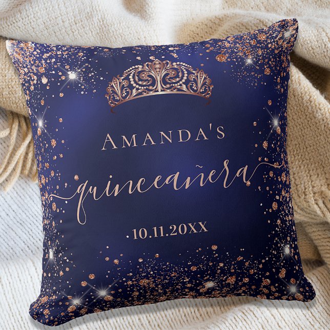 Quinceanera blue rose gold tiara name script cushion (Creator Uploaded)