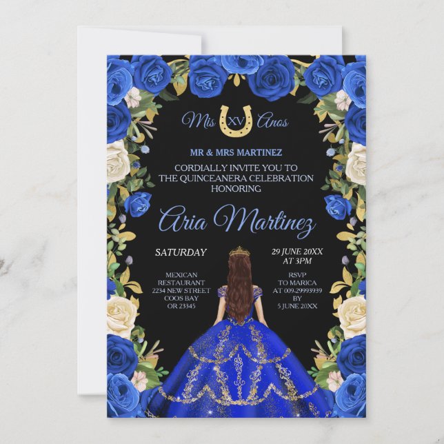 Quinceañera Blue Roses Floral Black Back Ground In Invitation (Front)