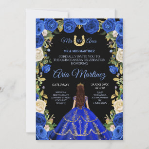 Quinceañera Blue Roses Floral Black Back Ground In Invitation