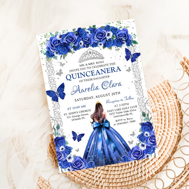 Quinceañera Blue Roses Floral Princess Butterflies Invitation (Creator Uploaded)