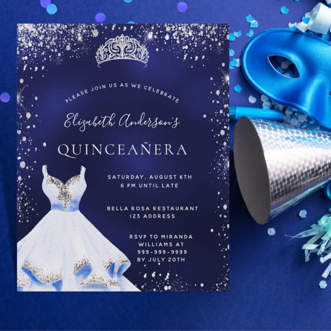 Quinceanera blue silver dress tiara invitation (Creator Uploaded)