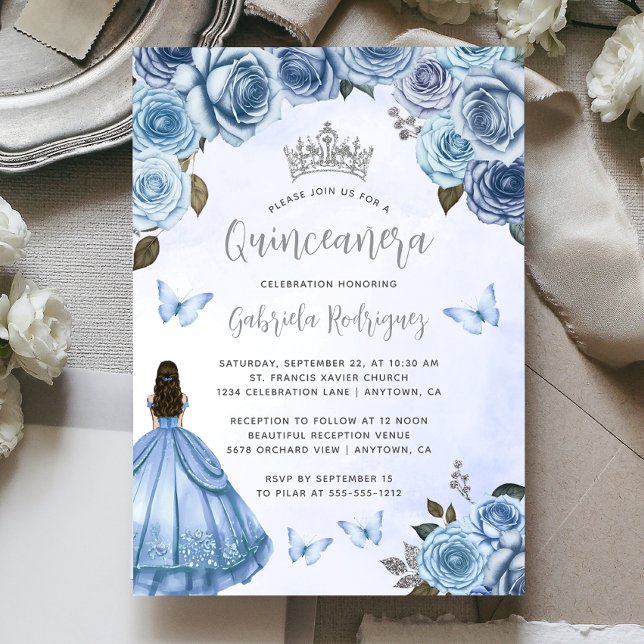 Quinceañera Blue Silver Floral Watercolor Invitation (Creator Uploaded)