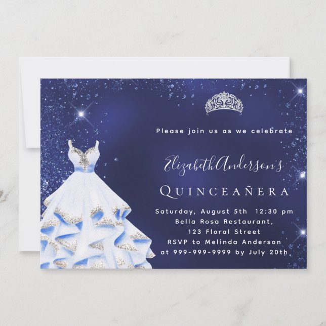 Quinceanera blue silver glitter dress tiara invitation (Front)