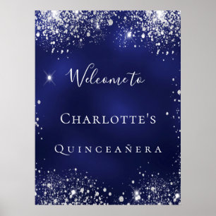 Quinceanera blue silver glitter dust welcome poster