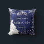 Quinceanera blue silver glitter tiara dress name cushion<br><div class="desc">For an elegant Quinceañera,  15th birthday.  A stylish blue background colour,   the blue colour is uneven. Decorated with faux silver glitter dust, a tiara crown and a dress. Personalise and add a name,  age and a date. Quinceañera is written with a modern hand lettered style script with swashes.</div>