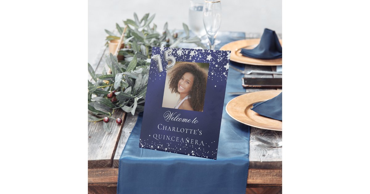 Quinceanera blue silver stars photo party welcome pedestal sign | Zazzle