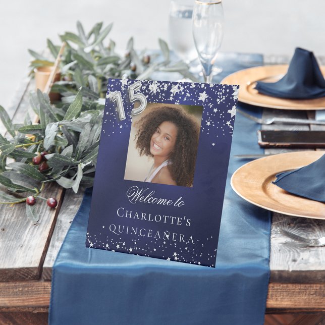 Quinceanera blue silver stars photo party welcome pedestal sign (Creator Uploaded)