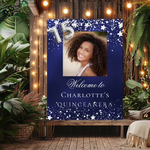 Quinceanera blue silver stars photo welcome poster