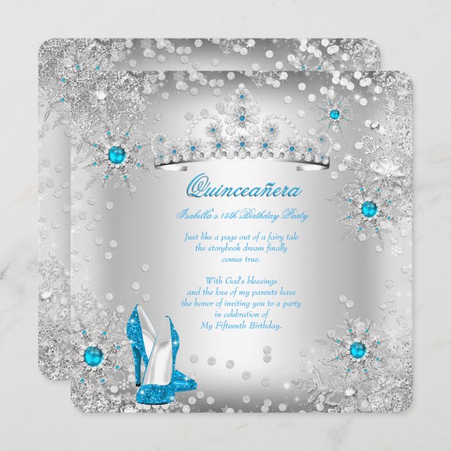 Quinceanera Blue Silver Winter Wonderland Invitation (Front/Back)