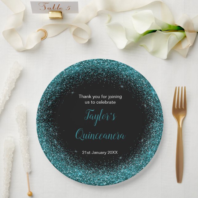 Quinceanera Blue Teal Faux Glitter Paper Plate (Wedding)