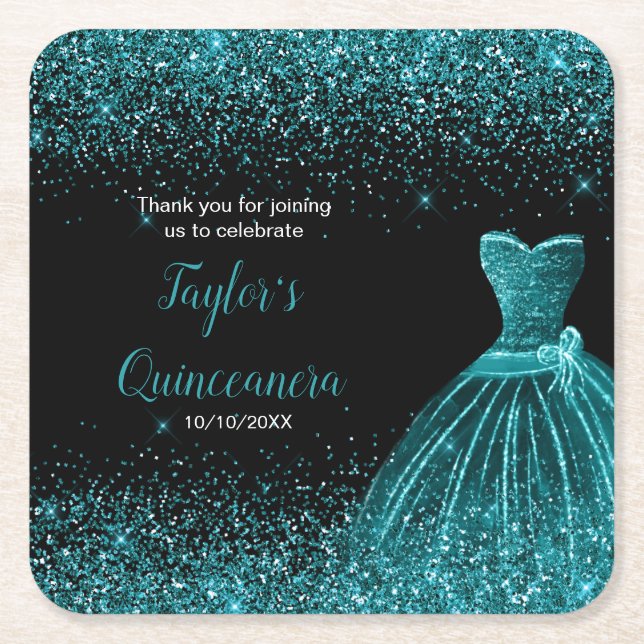 Quinceanera Blue Teal Faux Glitter Square Paper Coaster (Front)