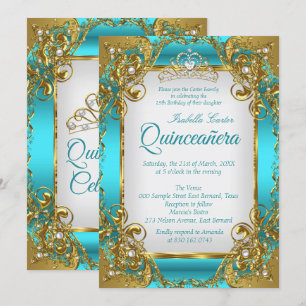Quinceanera Blue Teal Golden Pearl Tiara Party Invitation