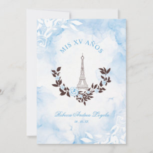Quinceañera Blue Watercolor Chic Paris Eiffel Invitation
