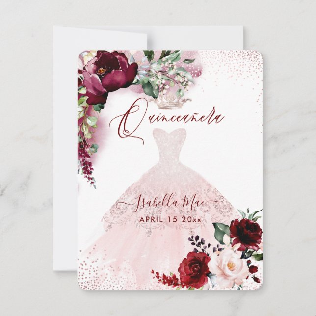 Quinceanera Blush Burgundy Watercolor Flowers Invi Invitation (Front)
