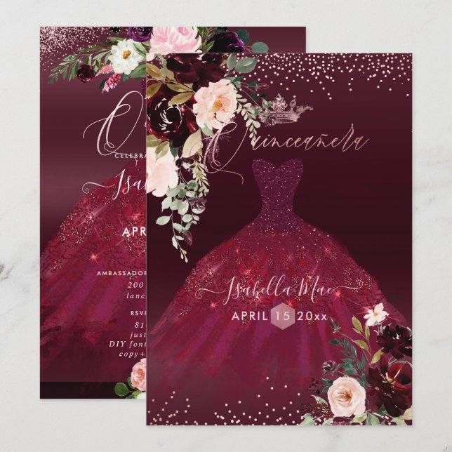 Quinceanera Blush Burgundy Watercolor Flowers Invitation (Front/Back)