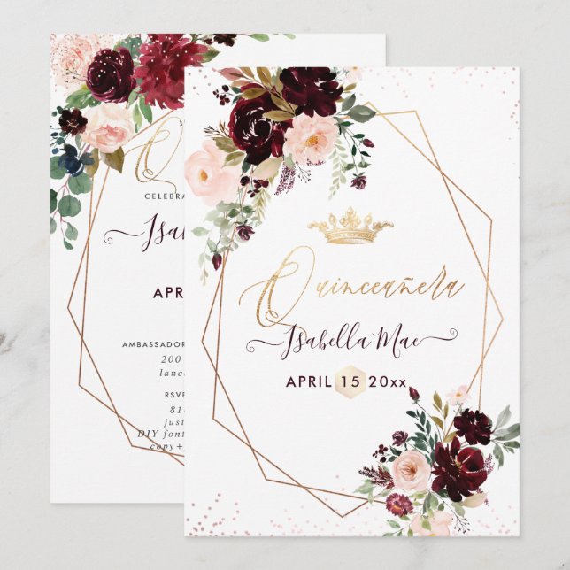 Quinceanera Blush Burgundy Watercolor Flowers Invitation (Front/Back)