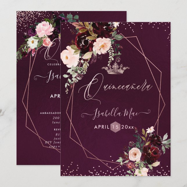 Quinceanera Blush Burgundy Watercolor Flowers Invitation (Front/Back)