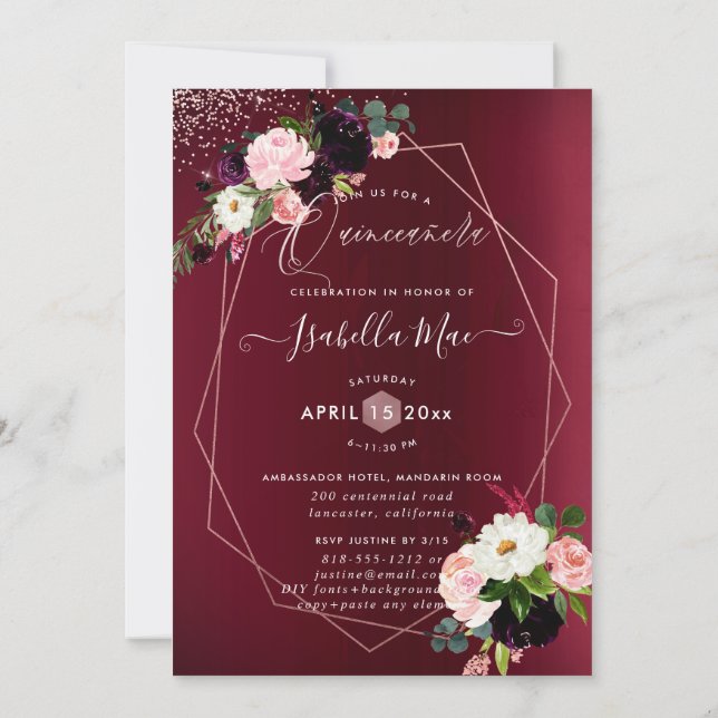 Quinceanera Blush Burgundy Watercolor Flowers Invitation (Back)