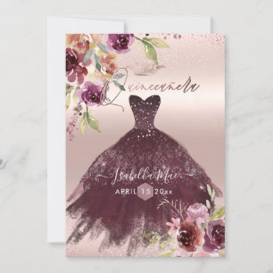 Quinceanera Blush Burgundy Watercolor Flowers Invitation