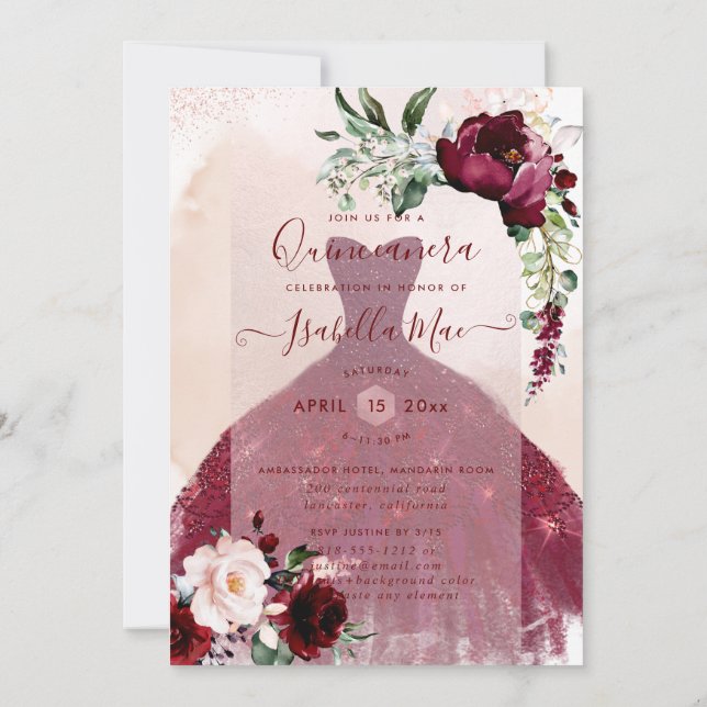 Quinceanera Blush Burgundy Watercolor Flowers Invitation (Back)