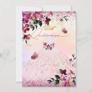 Quinceanera Blush Dress Burgundy Flowers Invitation