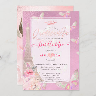 Quinceanera Blush Eiffel Tower, Butterflies Invitation