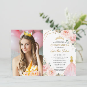Quinceañera Blush Floral Blonde Birthday Photo Invitation