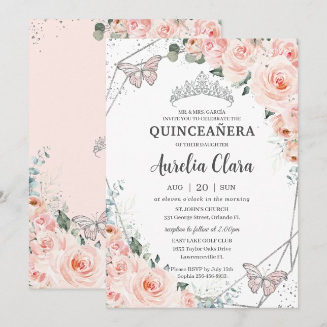 Quinceañera Blush Floral Butterflies Silver Crown Invitation (Front/Back)