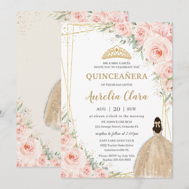 Quinceañera Blush Floral Champagne Dress Princess Invitation (Front/Back)
