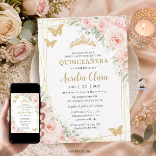 Quinceanera Blush Floral Champange Butterflies Invitation