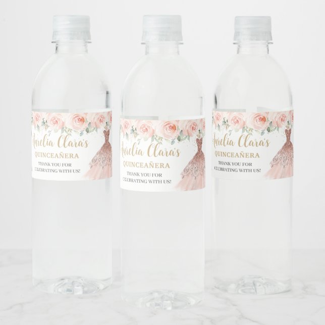 Quinceañera Blush Floral Dress Sweet 16 Birthday Water Bottle Label (Bottles)