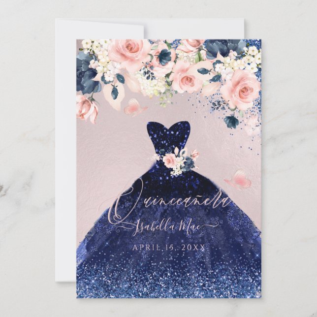 Quinceanera Blush Floral Navy Blue Glitter Gown Invitation (Front)