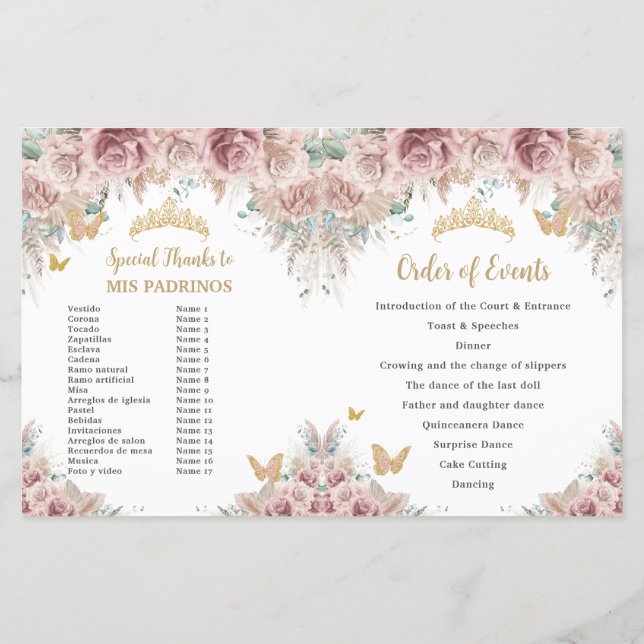 Quinceañera Blush Floral Pampas Padrinos Program (Back)