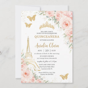 Quinceañera Blush Floral Paris Eiffel Champagne Invitation
