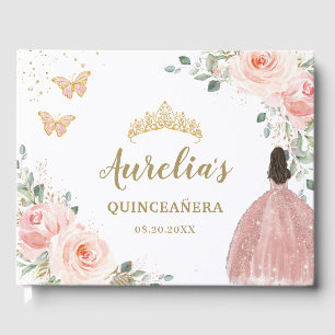 QUINCEANERA Blush Floral Princess Butterflies Gold Guest Book